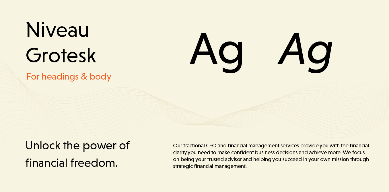 Niveau Grotesk font sample on beige background with black “Ag” lettering and a small text block.