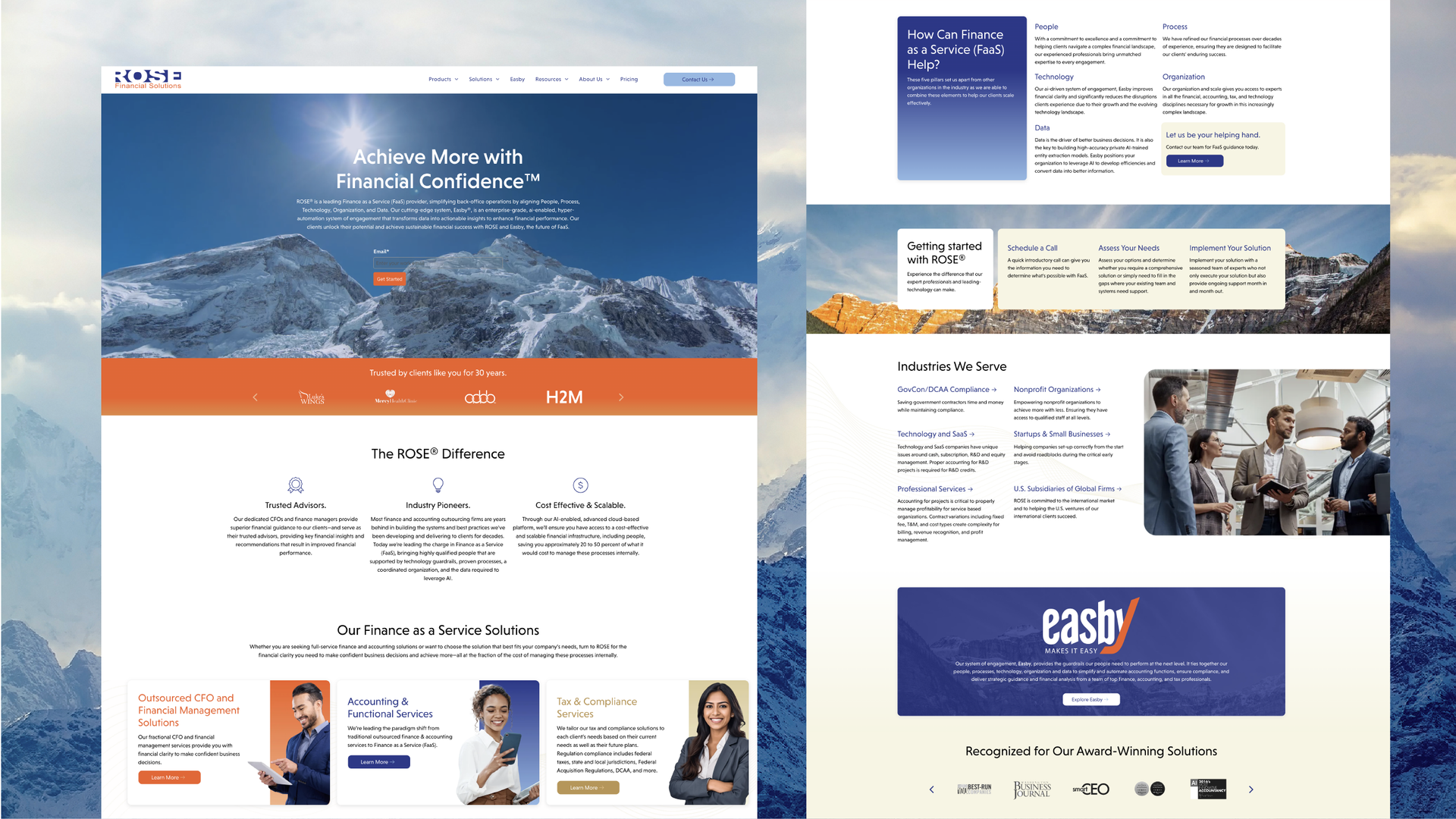 Side-by-side web page mockups with mountain hero image and orange/purple sections, showing a travel-style homepage design