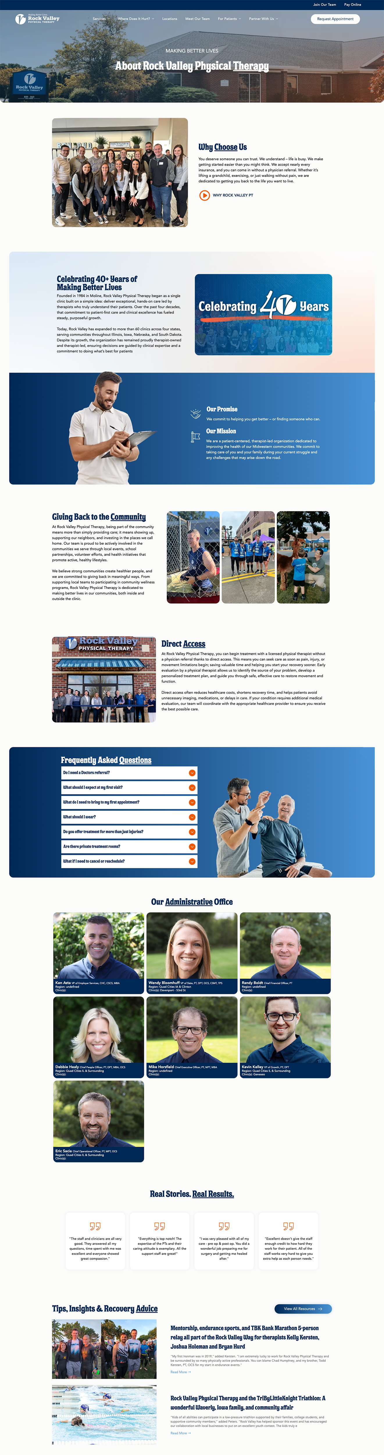 Construction company website with heavy machinery, workers, and project photos on a blue-and-white layout