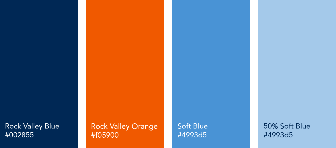 Color palette chart with five labeled swatches: pacific blue, deep sky, navy blue, orange, and light gray