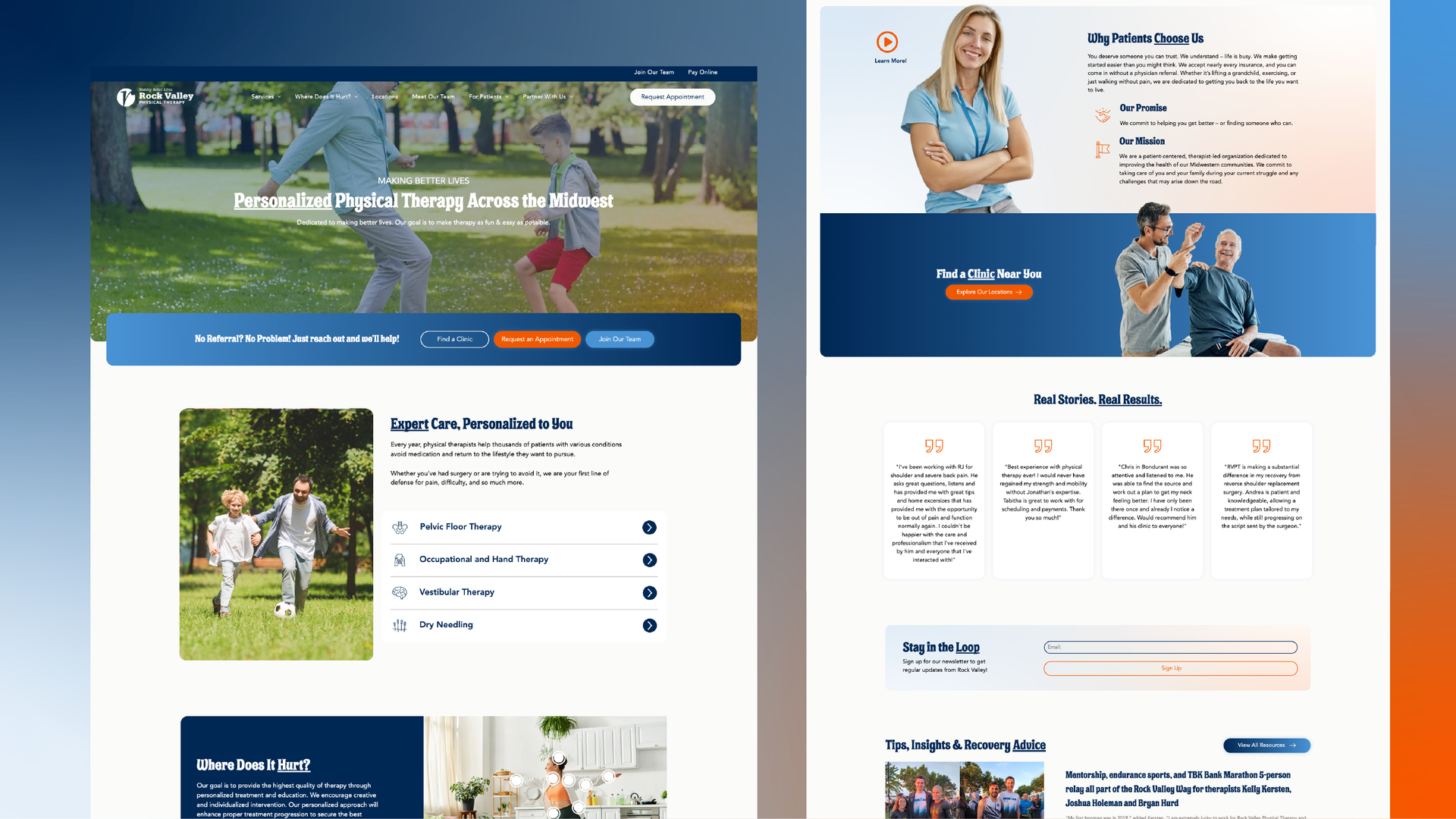 Side-by-side website homepage screenshots with blue and white layouts, showing sports and service content
