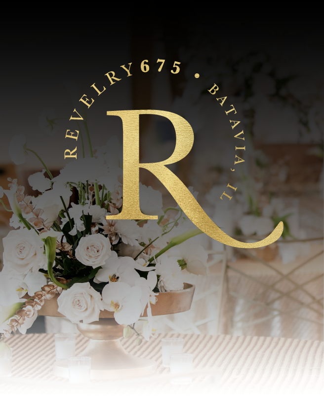 Gold “R” logo over white flowers and a softly lit jewelry display background, with “REVELRY 675” and “BATAVIA” text