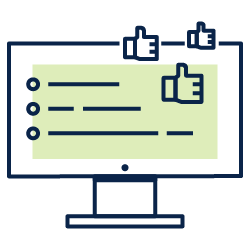 Desktop monitor with social media thumbs-up icons and a checklist-style interface in blue and light green