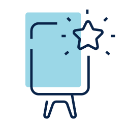 Blue presentation board with a star badge icon on a stand