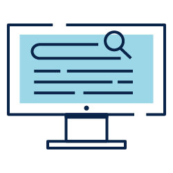 Desktop monitor showing a search bar and text lines on a blue screen icon