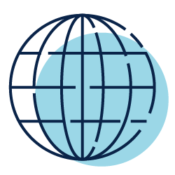 Stylized blue globe icon with dark grid lines and a light blue circular background