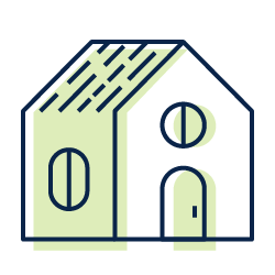 Line-drawn house icon with a yellow roof, blue outline, and two round windows