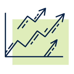Upward-trending line chart with navy arrows on a light green background