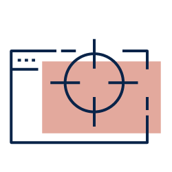 Camera viewfinder icon over a peach rectangle in navy outline.