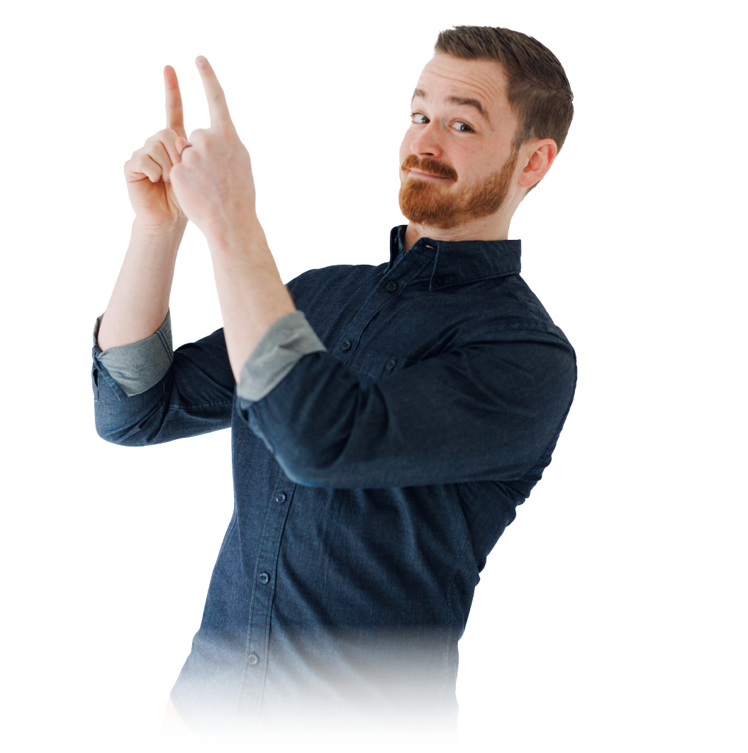 Man in a dark shirt gesturing upward with both hands on a white background