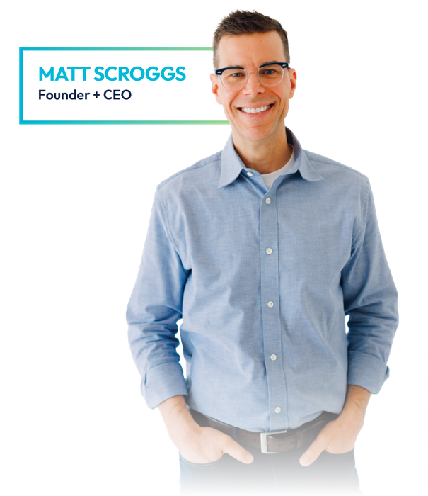 Portrait of Matt Scroggs, Founder and CEO, smiling in a light blue button-up shirt