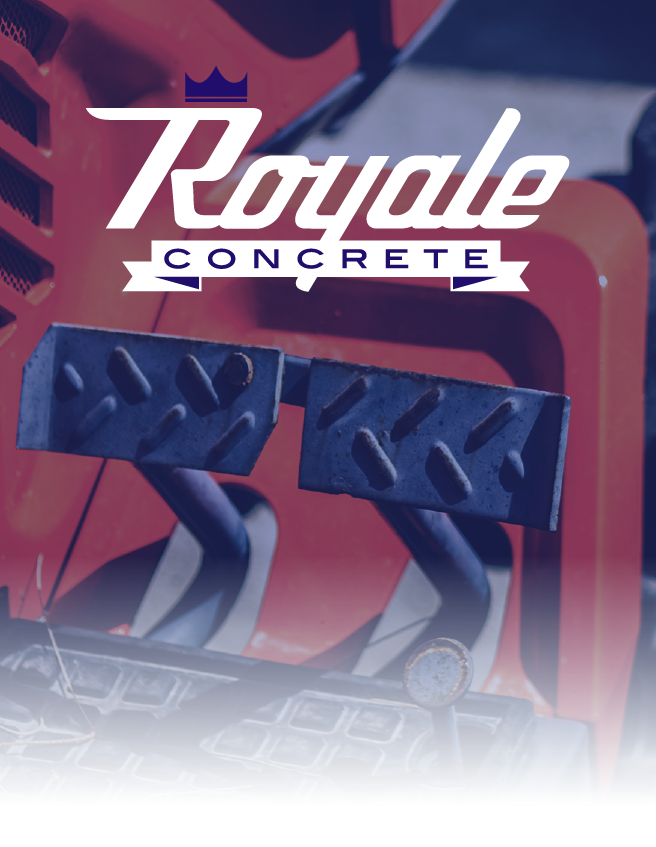 Royale Concrete logo over red and blue industrial machinery background