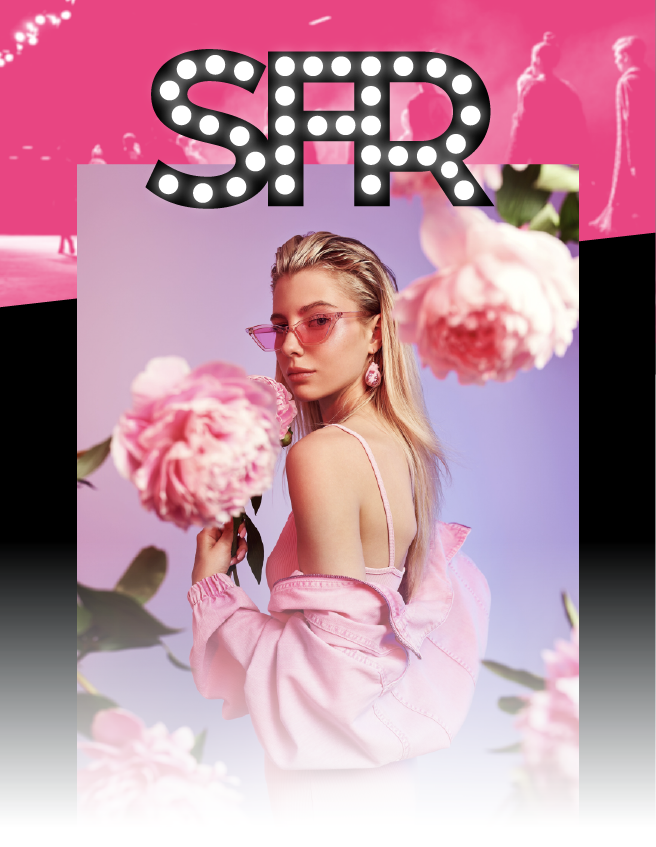 Woman in pink dress holding pom-poms on a bright fashion-magazine cover with “SFR” title