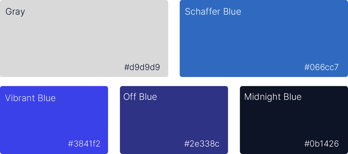Five vertical color swatches labeled with names and hex codes: blue, light gray, orange, white, and dark blue.