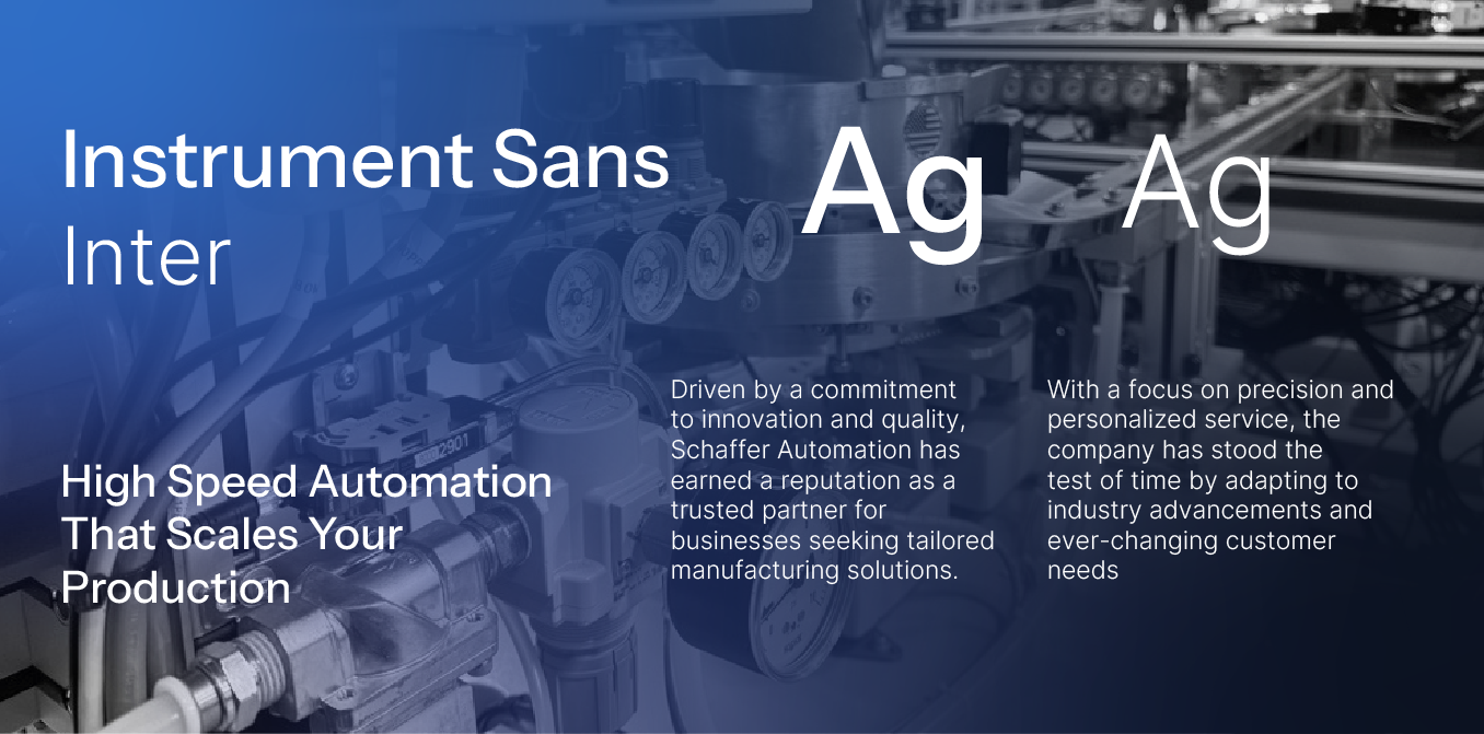Blue typography poster for “Instrument Sans” and “Inter,” with large “Ag” samples and small text blocks.