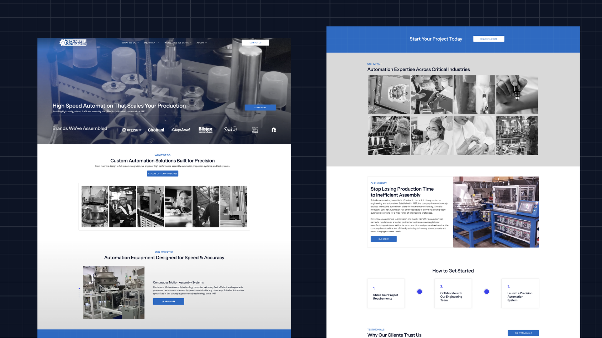 Collage of a blue-and-red website homepage with navigation, banners, cards, forms, and photo sections
