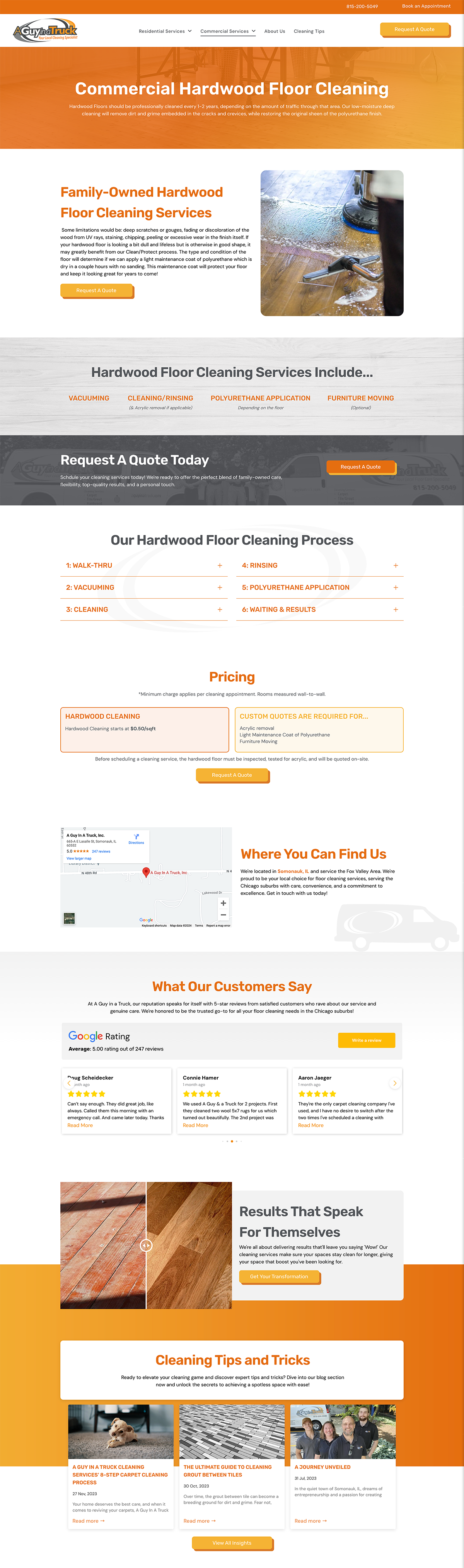 Orange-themed website homepage with a search bar, mountain photo, and booking-style sections
