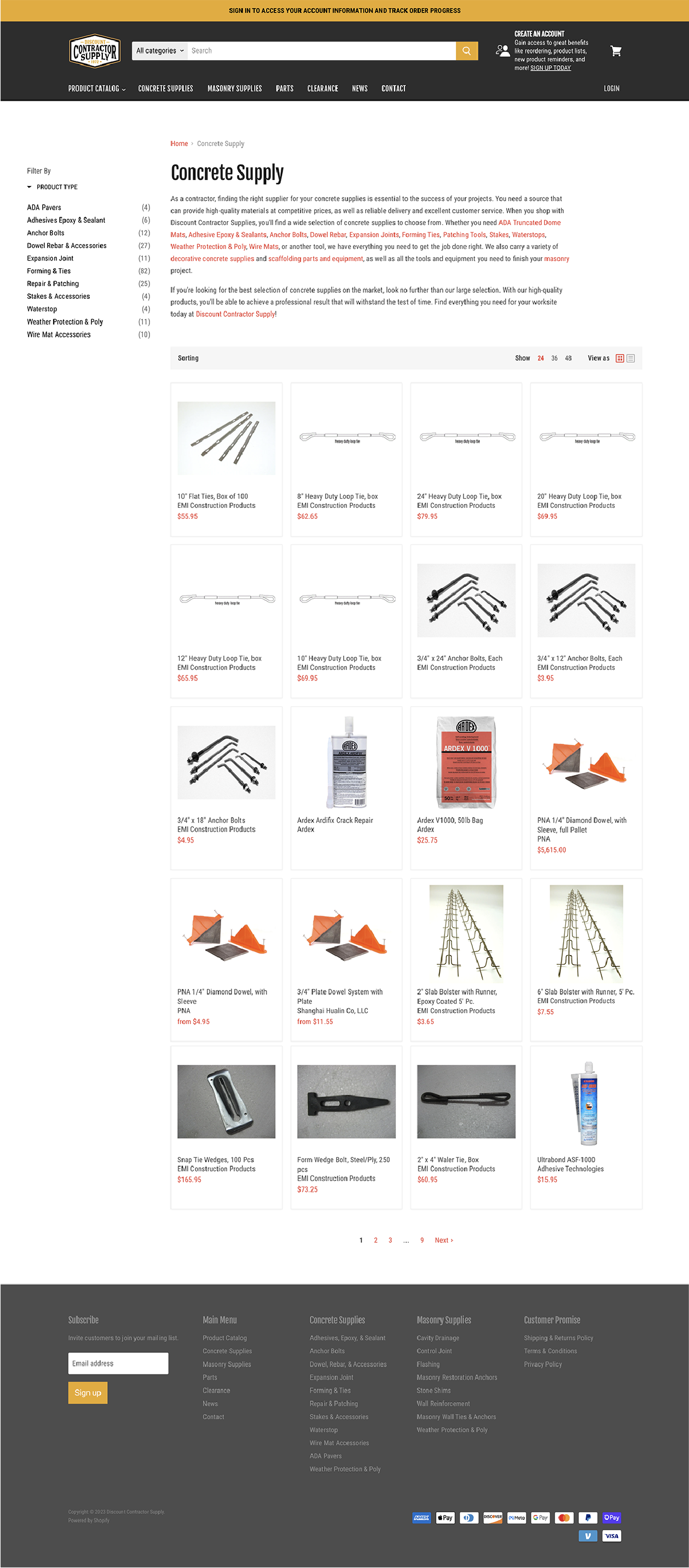 E-commerce product category page with a dark header, product filters, and a grid of home decor items.
