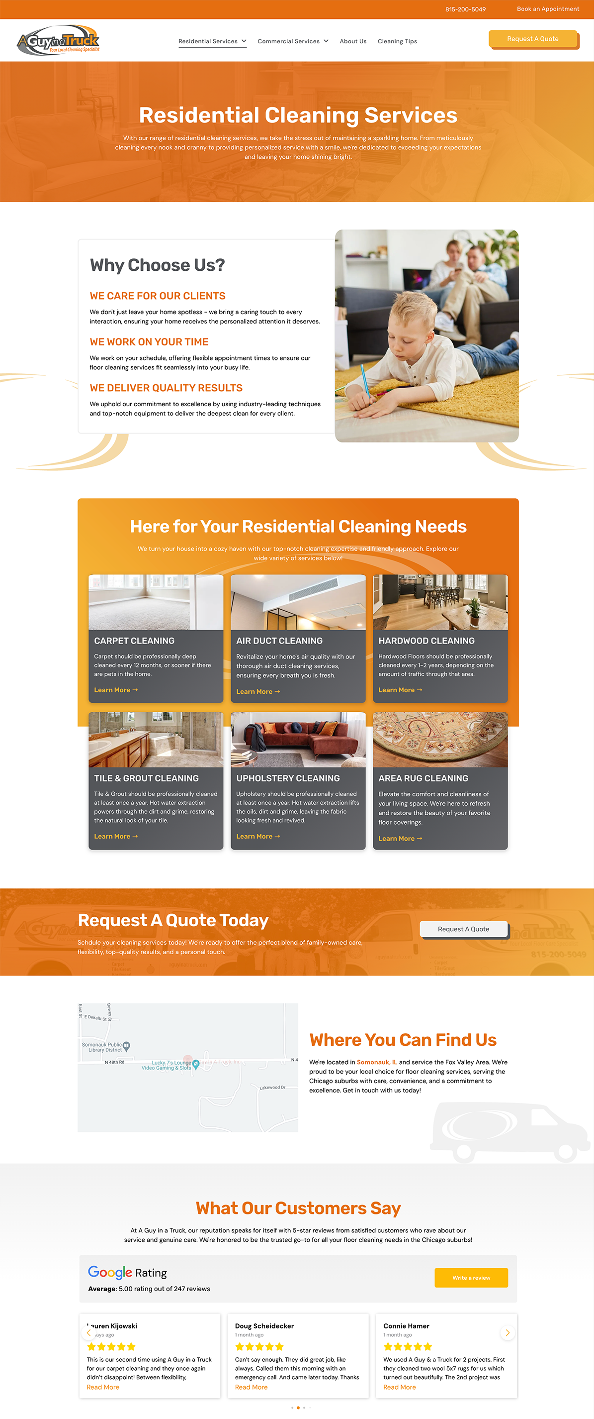 Orange-and-white cleaning service website homepage with service cards and a worker mopping a floor
