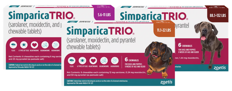 Simparica Trio flea, tick and heartworm chewable boxes in pink and teal with dog photos
