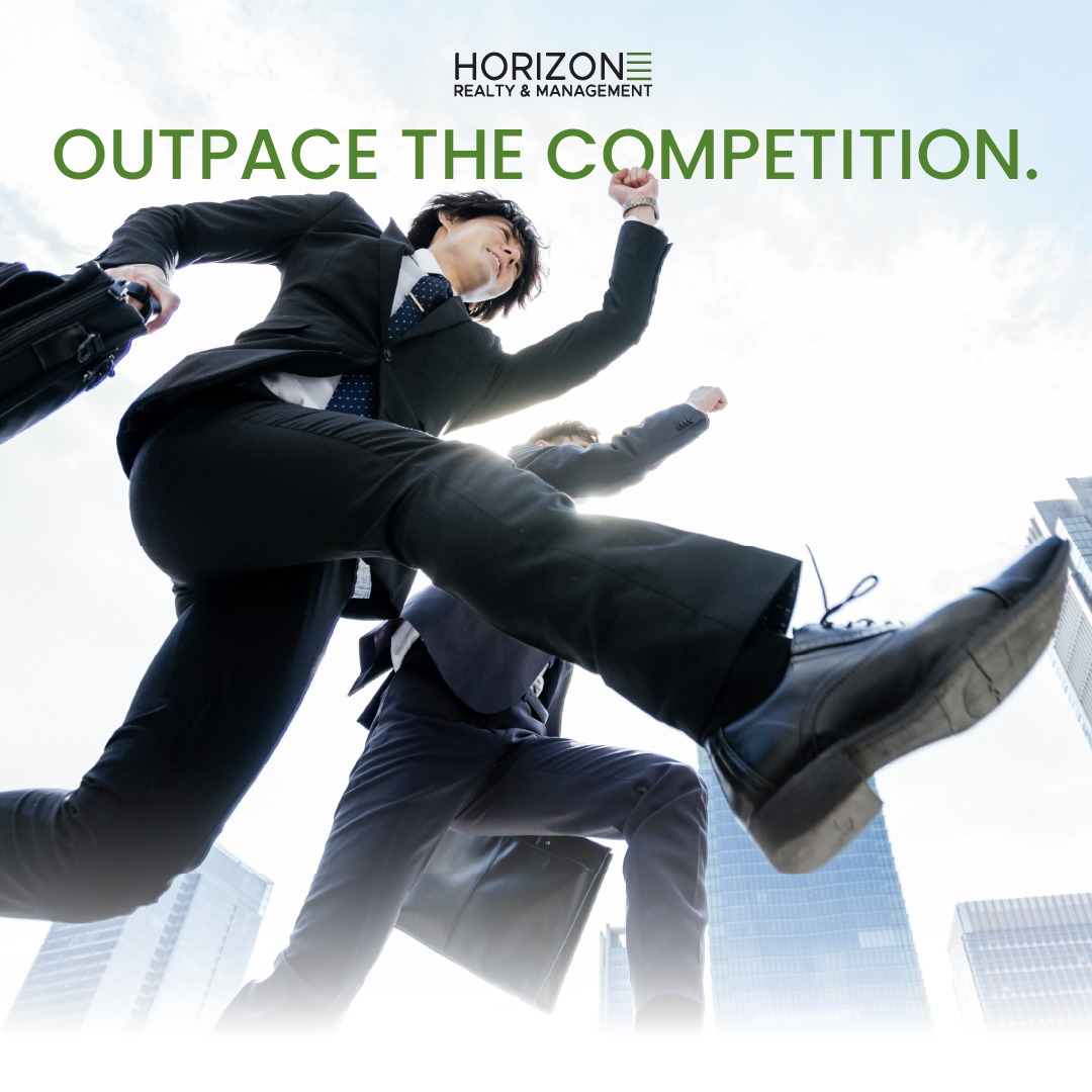 Businesspeople running upward with skyscrapers below and the slogan “Outpace the Competition.”