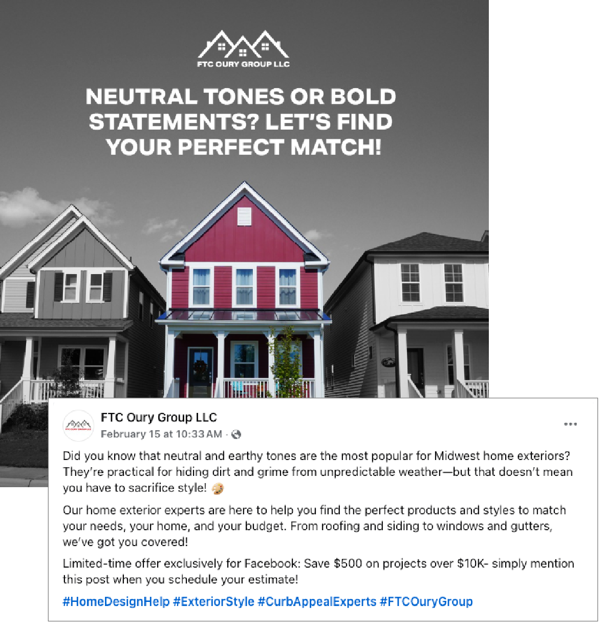 Graphic with three townhouses and text: “Neutral tones or bold statements? Let’s find your perfect match!”