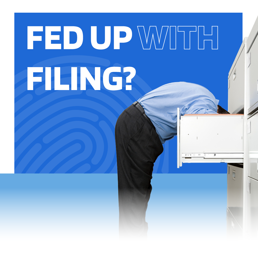 Blue ad showing a man bent over filing cabinets with the text “FED UP WITH FILING?”