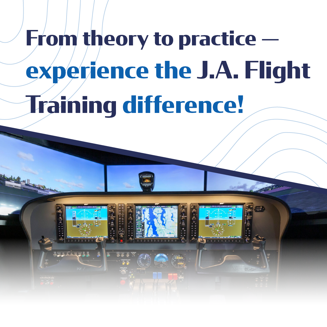 Cockpit view with slogan “From theory to practice — experience the J.A. Flight Training difference!”