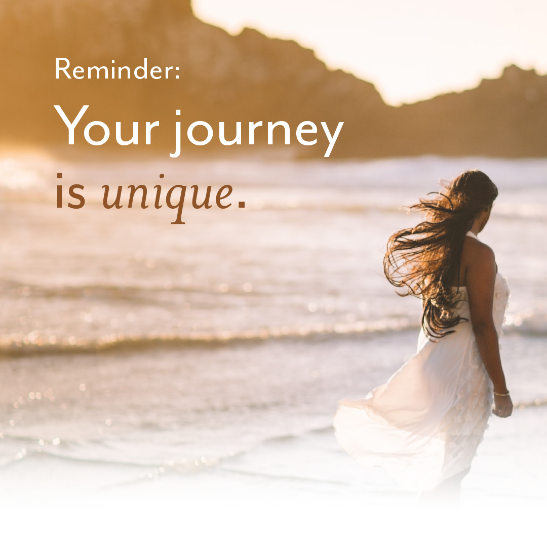 Woman walking on a beach at sunset with text reading, “Reminder: Your journey is unique.”