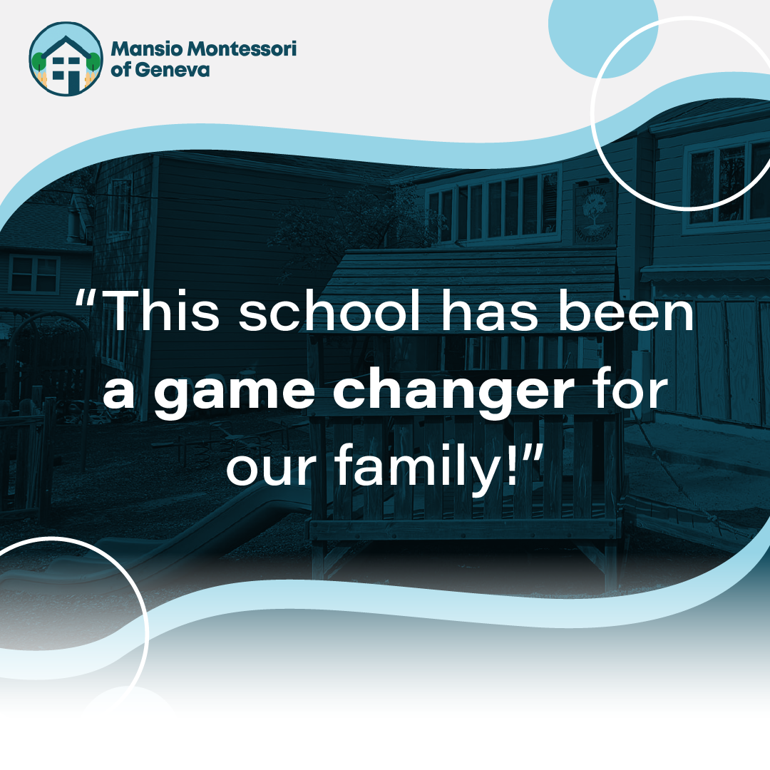 Montessori school promo with quote: “This school has been a game changer for our family!”