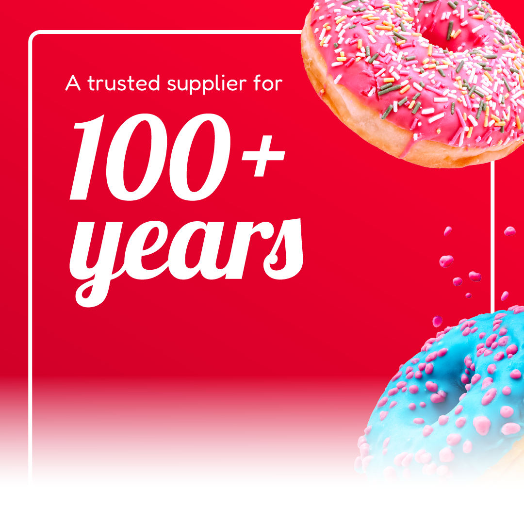 Trusted supplier for 100+ years on red background with pink and blue sprinkled donuts