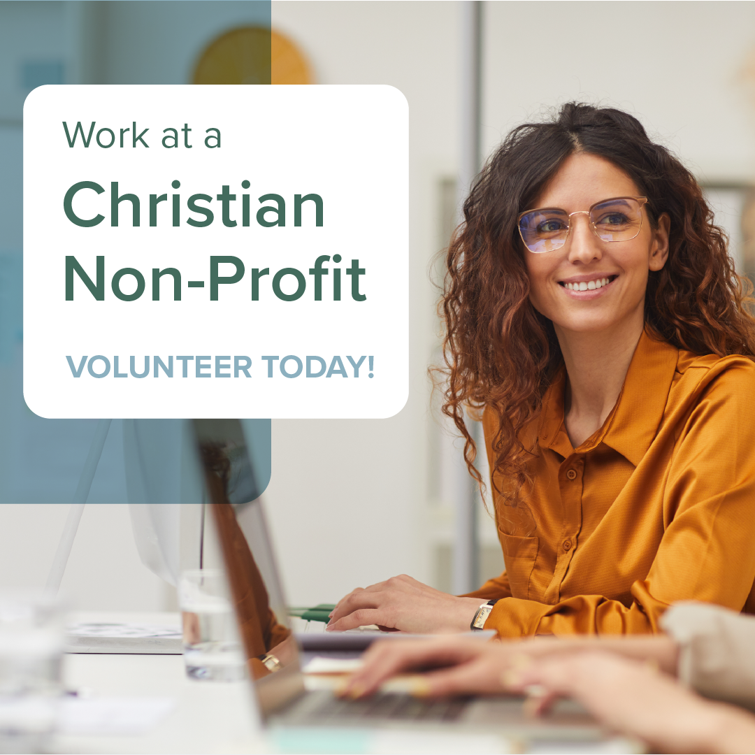 Woman at laptop beside ad reading “Work at Christian Non-Profit, Volunteer Today!”