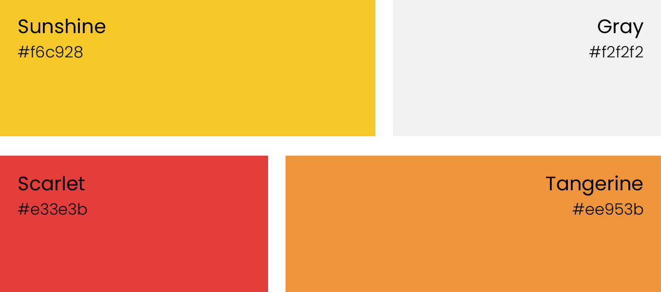 Four-color palette with labeled swatches: sunshine yellow, gray, scarlet red, and tangerine orange.