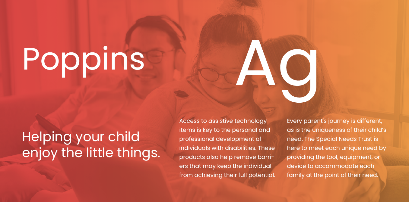 Red-orange promotional graphic for Poppins with large “Ag” text and small feature copy.