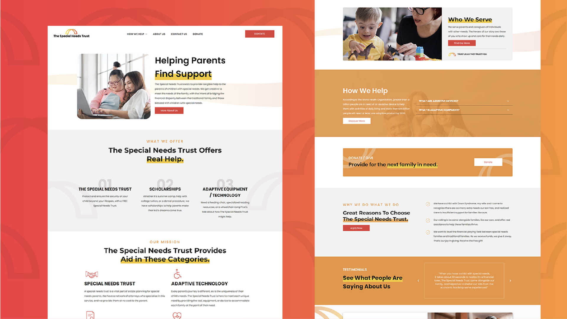 Two fundraising website landing page mockups, one red-and-white and one orange-and-white, with photos and signup forms
