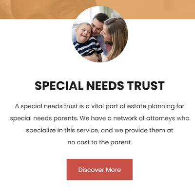 Special Needs Trust info card with family photo and “Discover More” button on white background