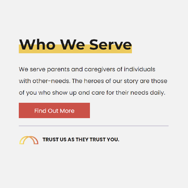 “Who We Serve” webpage section with paragraph text, a red “Find Out More” button, and a small trust logo.