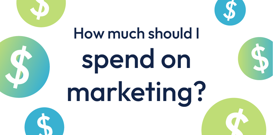 Text reading “How much should I spend on marketing?” with colorful dollar-sign icons around it