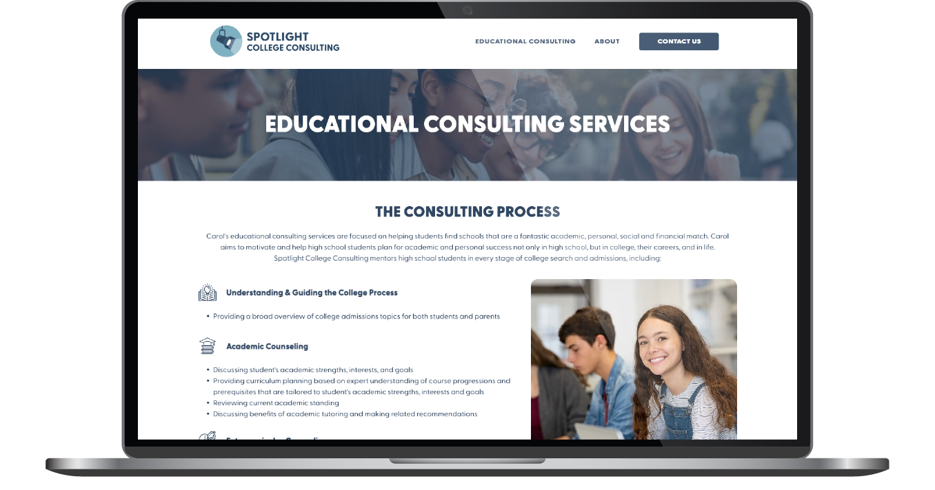 Laptop displaying an educational consulting services website with a hero banner and student photo