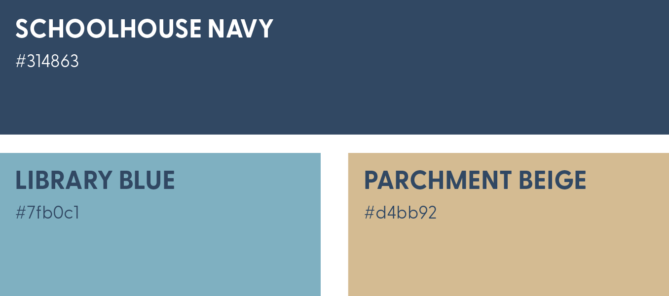 Color palette swatches labeled Schoolhouse Navy, Library Blue, and Parchment Beige.