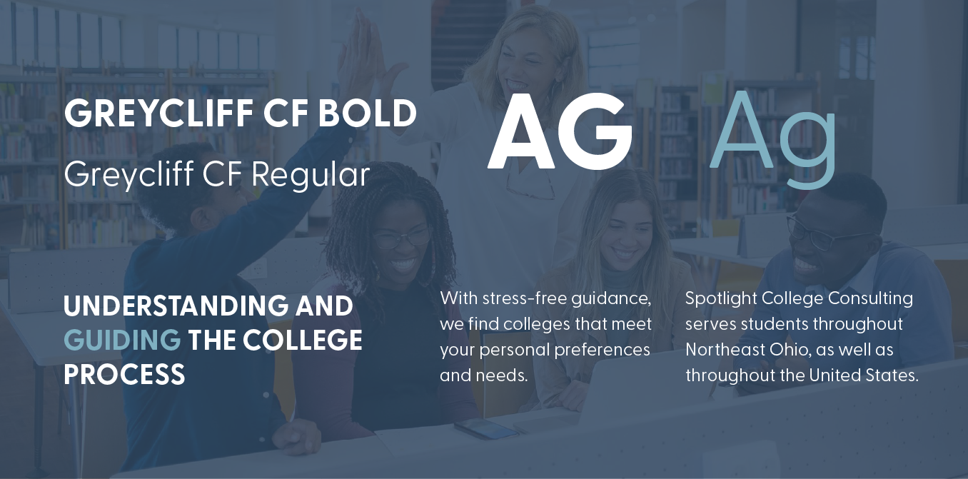 Grey abstract design with “Greycliff CF Bold,” “AG,” and small text on understanding the college application process.