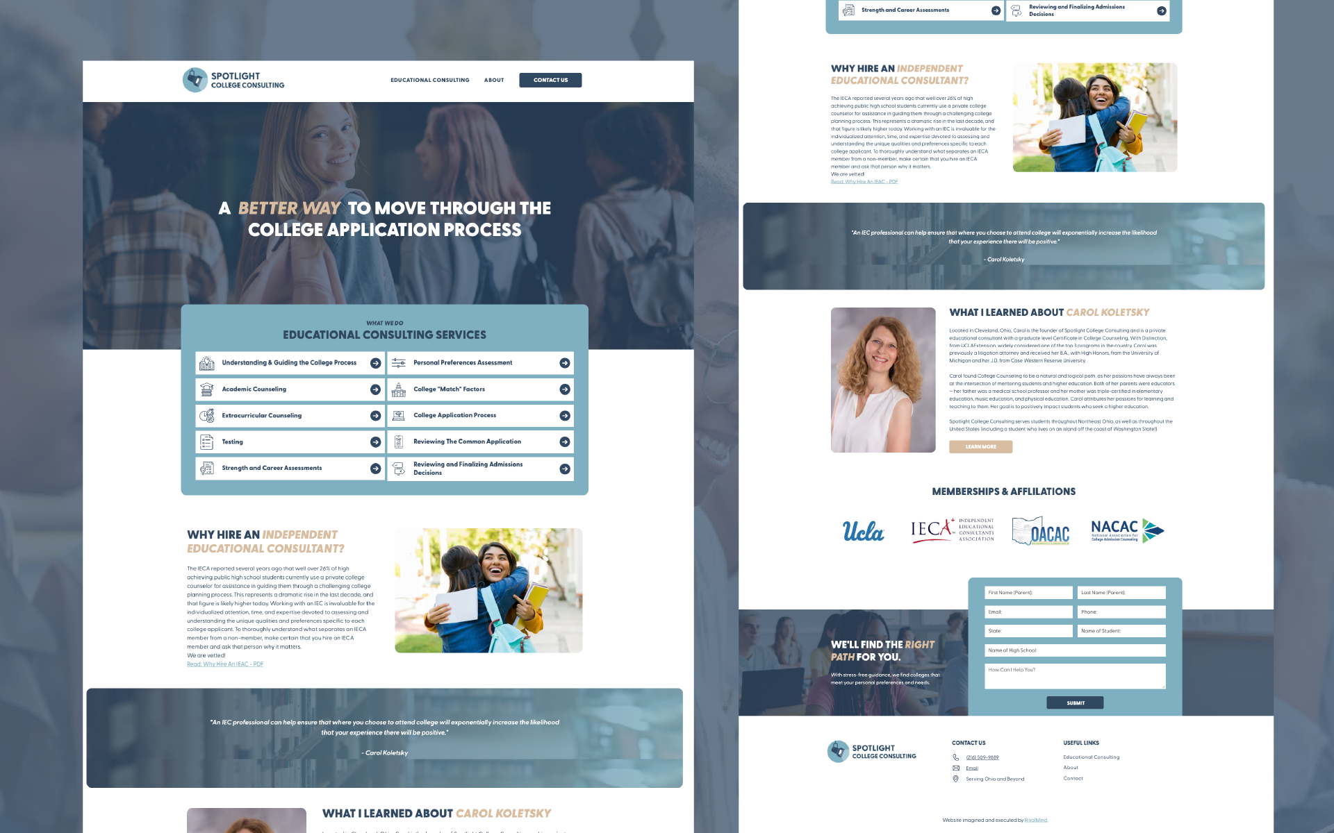 Webpage collage with blue-and-white sections, forms, and photos of people in a healthcare-themed layout