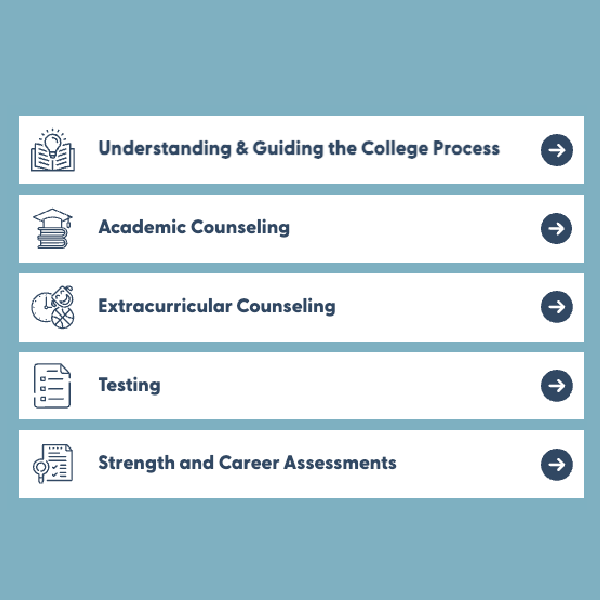 Menu with five blue navigation rows: college process, academic counseling, extracurricular counseling, testing, and assessments