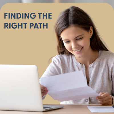 Woman reading a letter beside a laptop, with “FINDING THE RIGHT PATH” text on a beige background.
