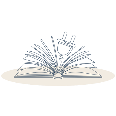 Open book with pages fanning around a lightbulb icon