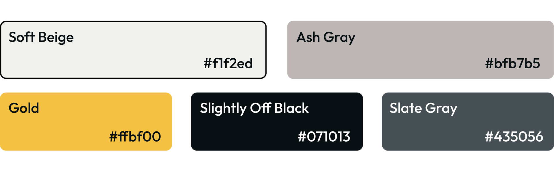 Color palette swatches labeled Charcoal, Cloud, Pebble, Venetian, and Brick with hex codes