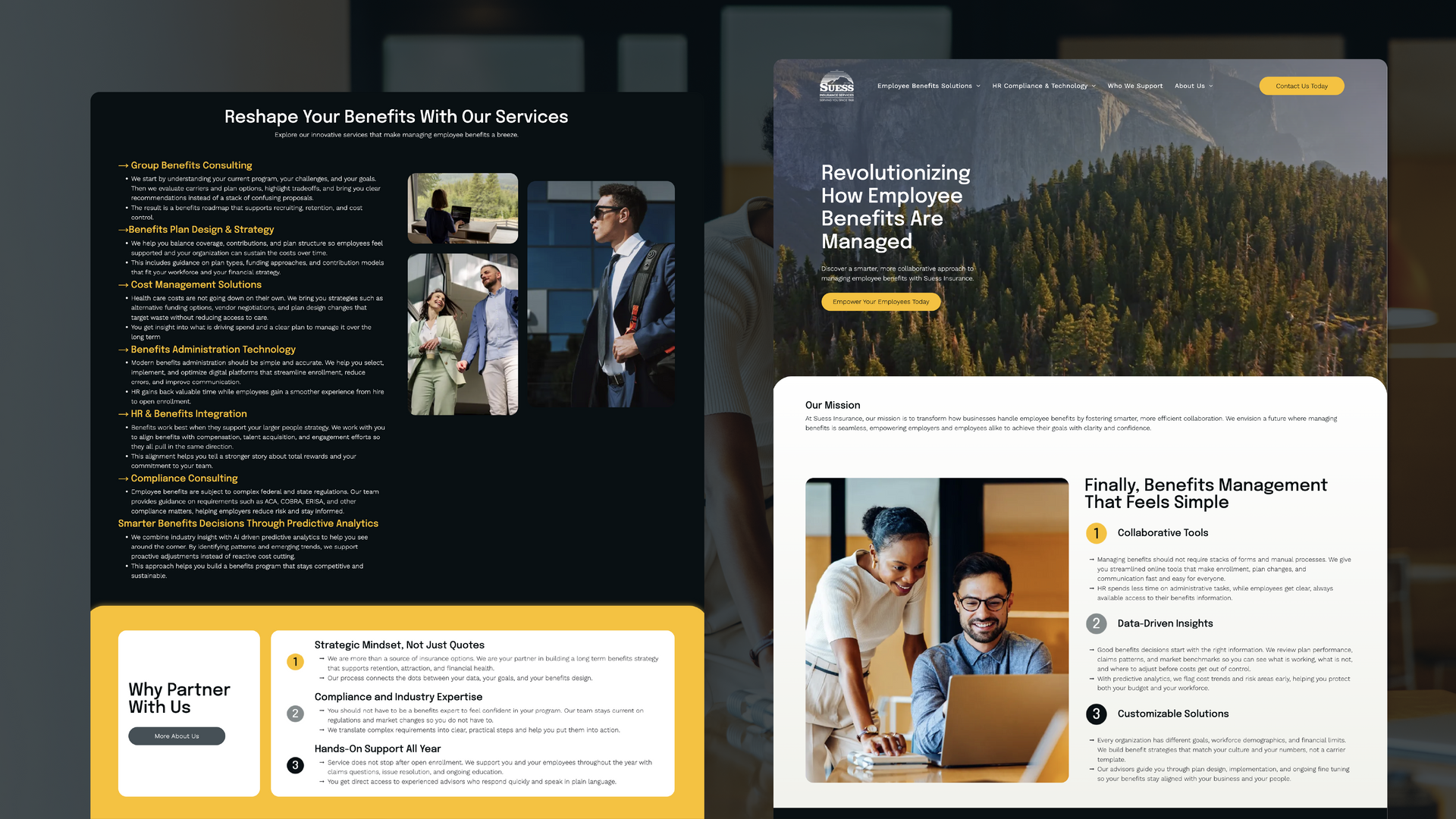 Two dark-themed website homepage mockups side by side with house photos and content cards