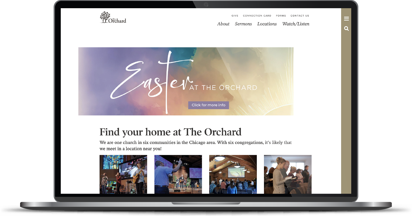 Laptop displaying a website with a pastel “Easter” banner and beach-themed photo thumbnails below