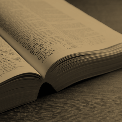 Open book on a wooden table, pages spread in warm sepia light.