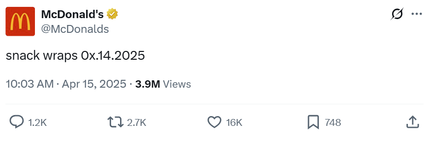 McDonald’s post reading “snack wraps 08.14.25” with timestamp, views, and social engagement icons
